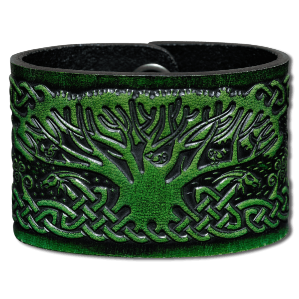 Leather Wristband 48mm (1 7/8 inch) Celtic Tree of Life (4) green-antique