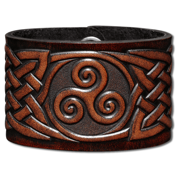 Leather Wristband 48mm (1 7/8 inch) Triskel Knotwork (7) brown-antique