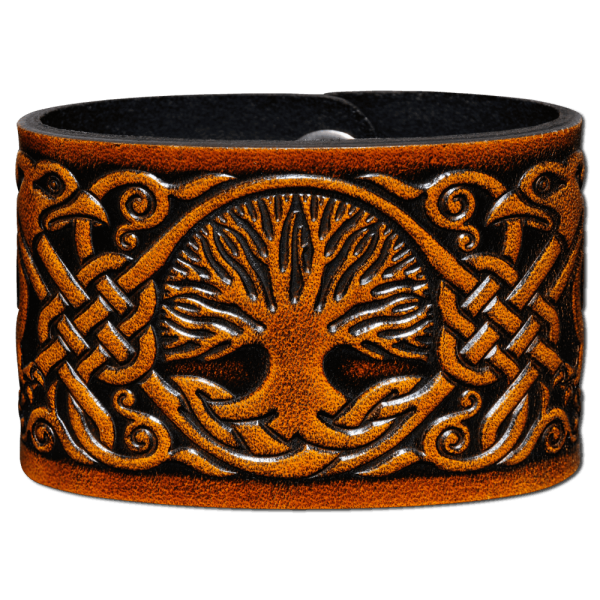 Leather Wristband 48mm (1 7/8 inch) Tree of Life with Birds (8) honey-antique