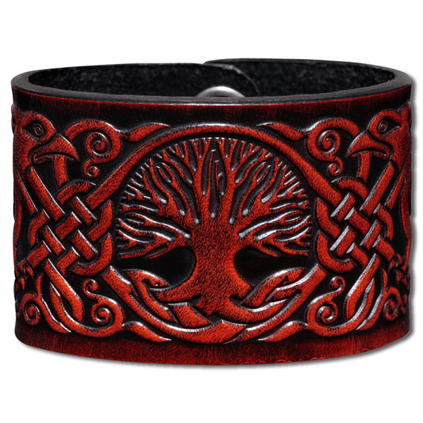 Leather Wristband 48mm (1 7/8 inch) Tree of Life with Birds (8) mahogany-antique