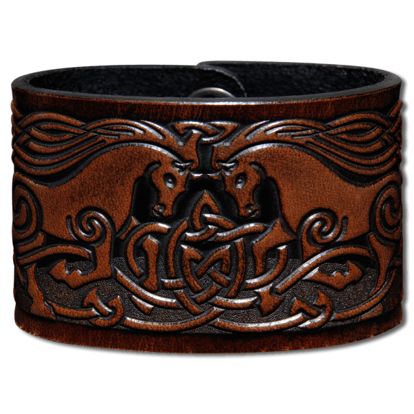 Leather Wristband 48mm (1 7/8 inch) Celtic Horses (11) brown-antique