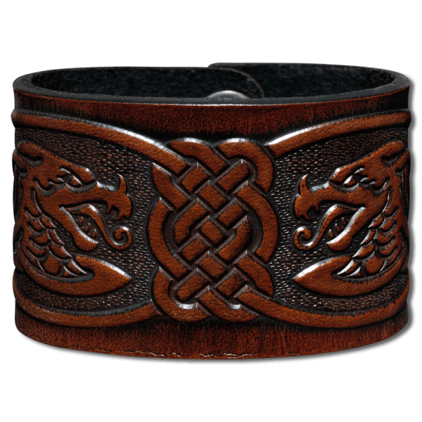 Leather Wristband 48mm (1 7/8 inch) Dragons-Heads in Knotwork (13) brown-antique