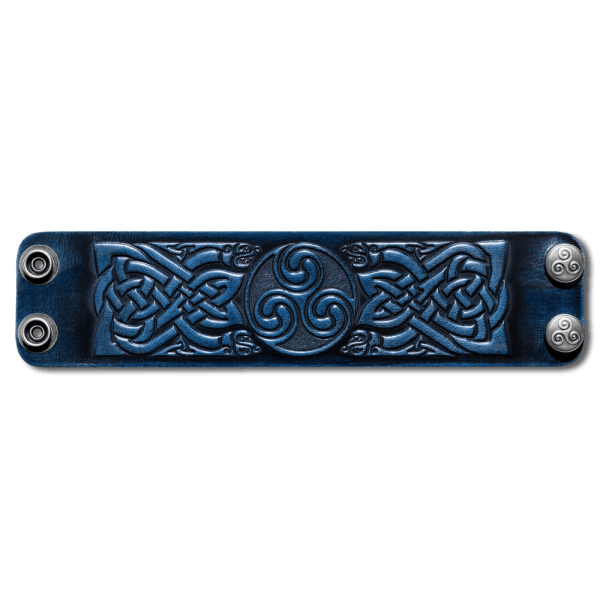 Leather Wristband 48mm (1 7/8 inch) Triskel Dragon-Heads (3) blue-antique