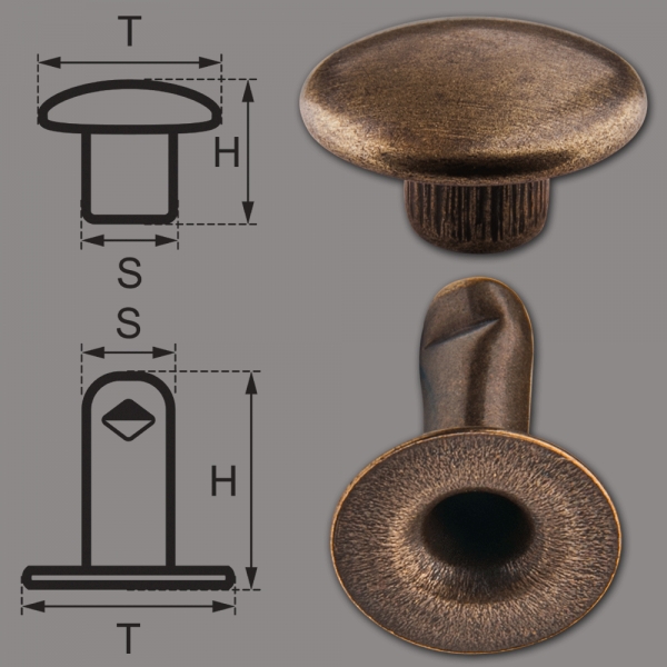 Doppel-Hohlnieten Ziernieten 2-teilig 7mm "7/8" aus Eisen (nickelfrei), Finish: brass-antik