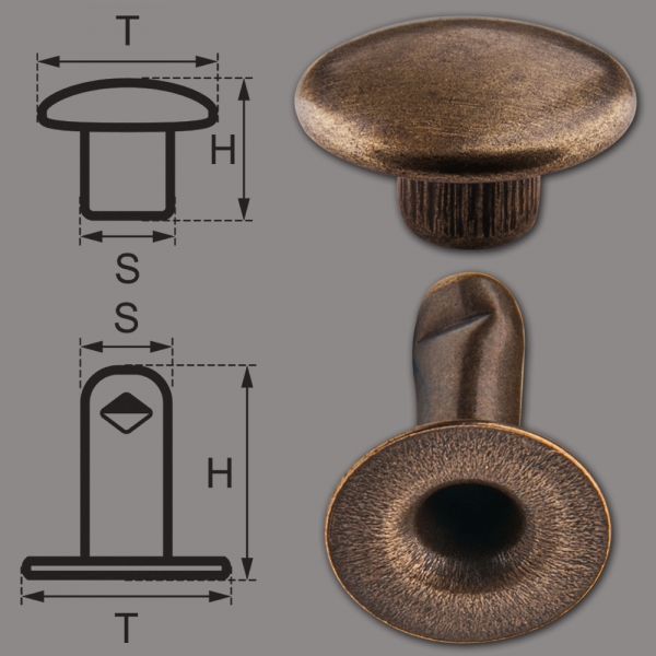 Doppel-Hohlnieten Ziernieten 2-teilig 9mm "9/10" aus Eisen (nickelfrei), Finish: messing-antik