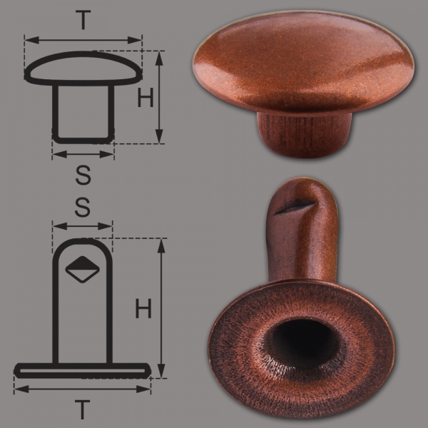 Doppel-Hohlnieten Ziernieten 2-teilig 11mm "11/12" aus Eisen (nickelfrei), Finish: kupfer-antik