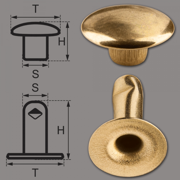 Single Cap Hollow Rivets 2-parts 9mm "9/10" Made of Iron (nickel free), Finish: Brass-Glossy (gold-coloured)
