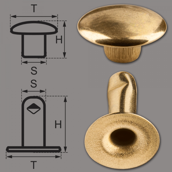 Doppel-Hohlnieten Ziernieten 2-teilig 11mm "11/12" aus Eisen (nickelfrei), Finish: messing-glänzend (goldfarben)