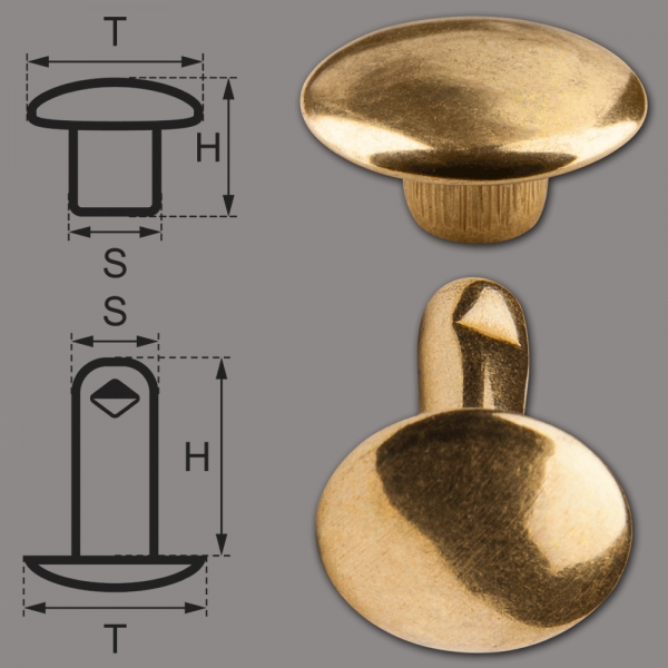 Double Cap Hollow Rivets 2-parts 7mm "7/8/2" Made of Iron (nickel free), Finish: Brass-Glossy (gold-coloured)
