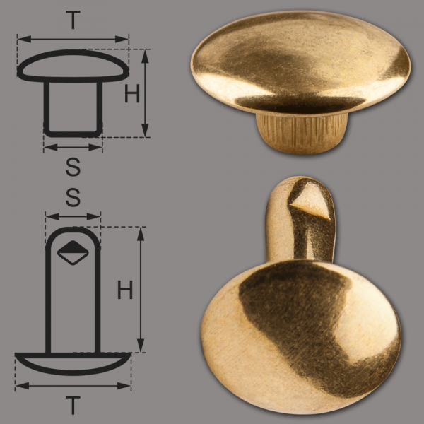 Double Cap Hollow Rivets 2-parts 7mm "7/8/2" Made of Iron (nickel free), Finish: Brass-Glossy (gold-coloured)