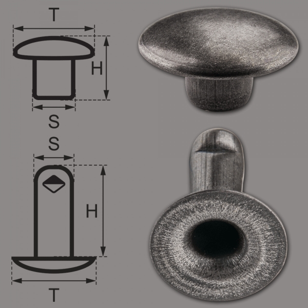 Single Cap Hollow Rivets 2-parts 11mm "11/12" Made of Iron (nickel free), Finish: nickel-antique