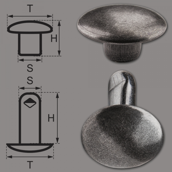 Double Cap Hollow Rivets 2-parts 9mm "9/10/2" Made of Iron (nickel free), Finish: nickel-antique