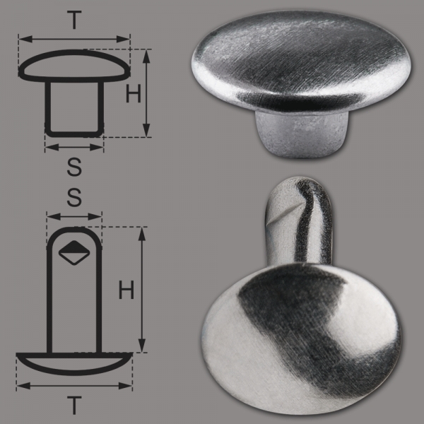 Double Cap Hollow Rivets 2-parts 9mm "9/10/2" Made of Iron (nickel free), Finish: nickel-glossy