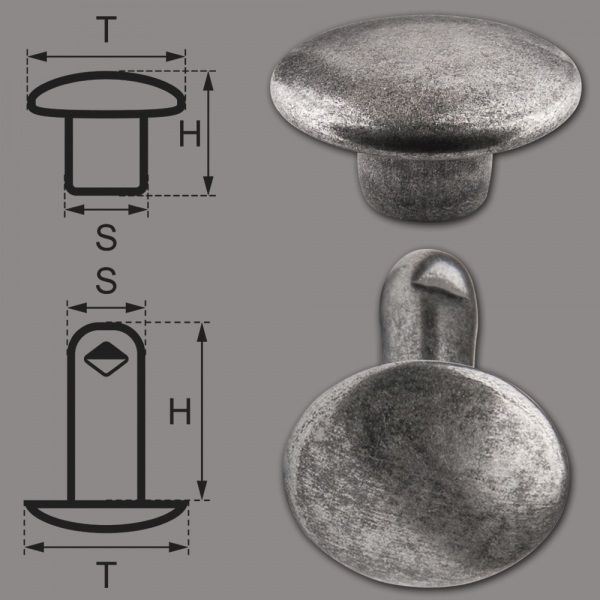 Double Cap Hollow Rivets 2-parts 9mm "9/10/2" Made of Iron (nickel free), Finish: silver-antique