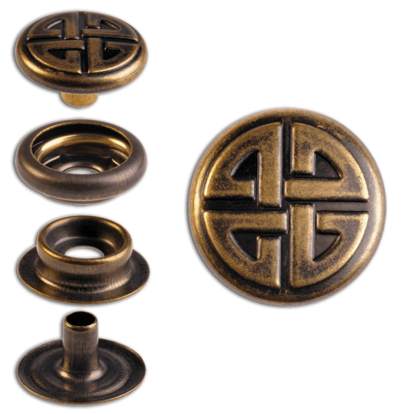Ringfeder-Druckknöpfe “F3” 14mm Keltischer Knoten aus Messing (nickel frei), Finish: messing-antik