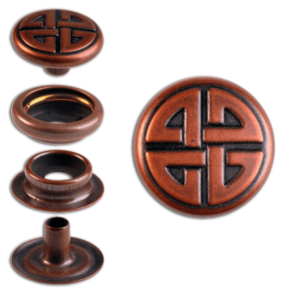 Ringfeder-Druckknöpfe “F3” 14mm Keltischer Knoten aus Messing (nickel frei), Finish: kupfer-antik