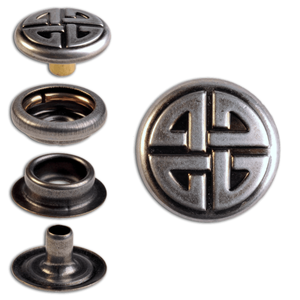Ringfeder-Druckknöpfe “F3” 14mm Keltischer Knoten aus Messing (nickel frei), Finish: nickel-antik