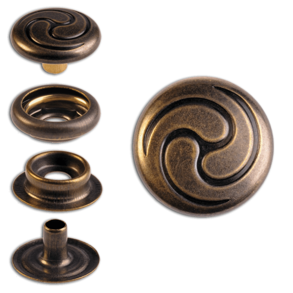 Ringfeder-Druckknöpfe “F3” 14mm Keltische Spirale aus Messing (nickel frei), Finish: messing-antik