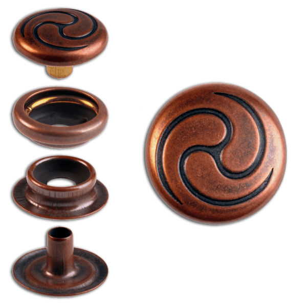 Ringfeder-Druckknöpfe “F3” 14mm Keltische Spirale aus Messing (nickel frei), Finish: kupfer-antik