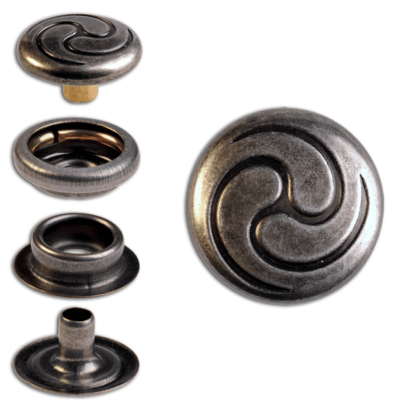 Ringfeder-Druckknöpfe "F3" 14mm Keltische Spirale aus Messing (nickel frei), Finish: nickel-antik