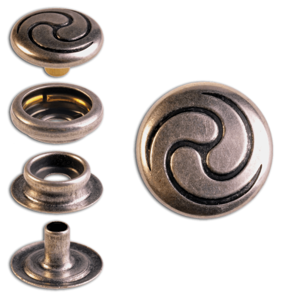Ringfeder-Druckknöpfe “F3” 14mm Keltische Spirale aus Messing (nickel frei), Finish: silber-antik