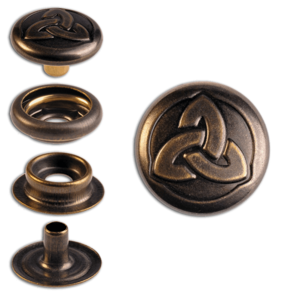 Ringfeder-Druckknöpfe “F3” 14mm Keltische Trinity aus Messing (nickel frei), Finish: messing-antik