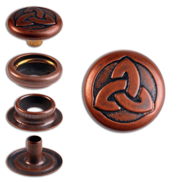 Ringfeder-Druckknöpfe “F3” 14mm Keltische Trinity aus Messing (nickel frei), Finish: kupfer-antik