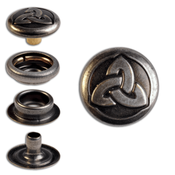 Ringfeder-Druckknöpfe “F3” 14mm Keltische Trinity aus Messing (nickel frei), Finish: nickel-antik