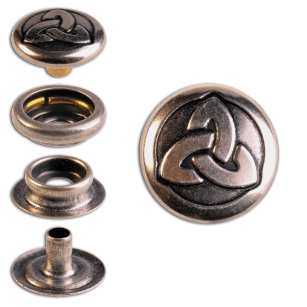 Ringfeder-Druckknöpfe “F3” 14mm Keltische Trinity aus Messing (nickel frei), Finish: silber-antik