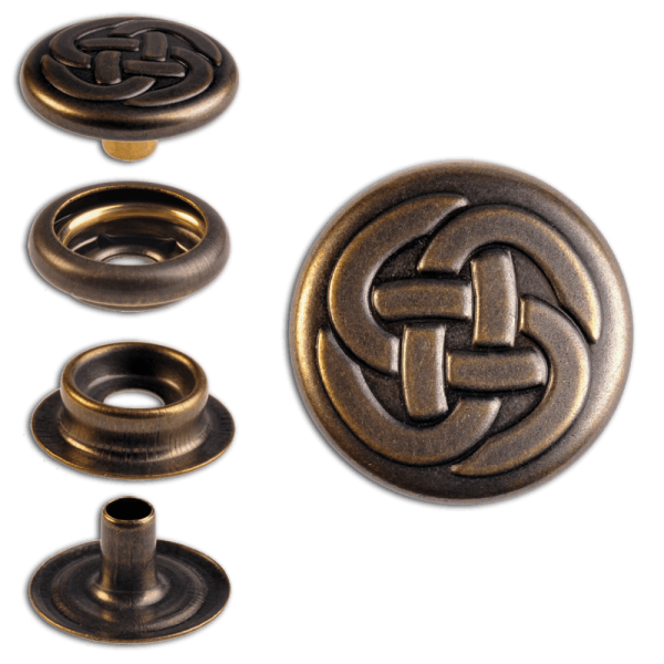 Ringfeder-Druckknöpfe “F3” 15.2mm Keltischer Knoten 1 aus Messing (nickel frei), Finish: messing-antik