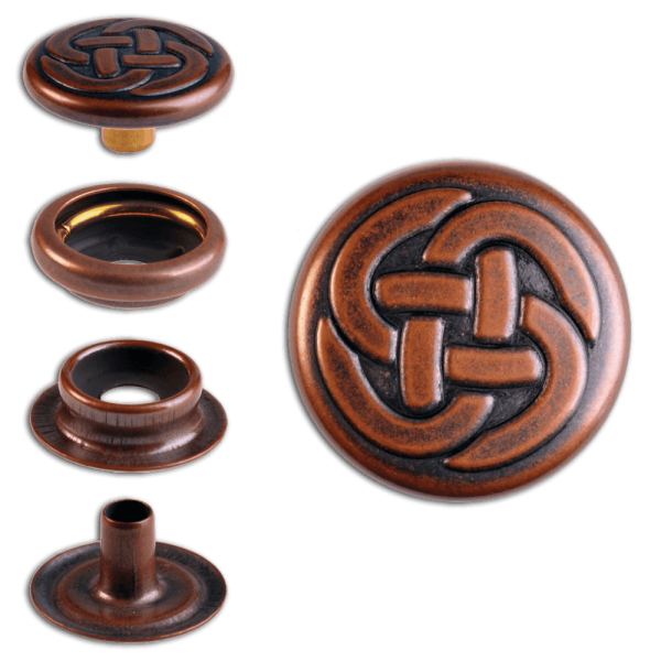 Ringfeder-Druckknöpfe “F3” 15.2mm Keltischer Knoten 1 aus Messing (nickel frei), Finish: kupfer-antik