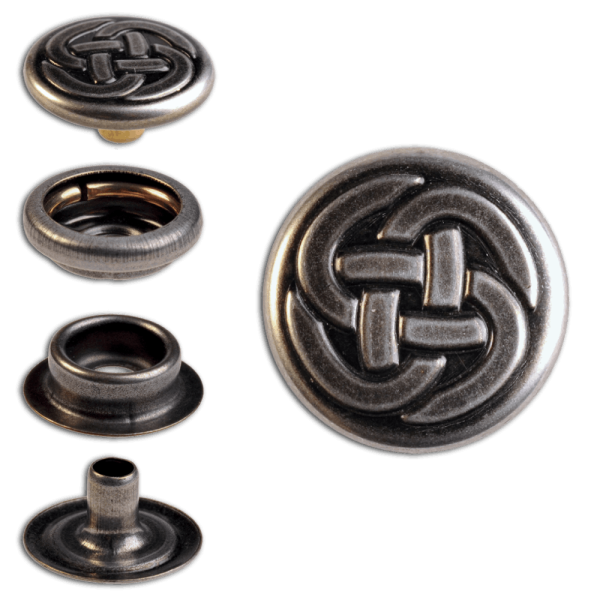 Ringfeder-Druckknöpfe “F3” 15.2mm Keltischer Knoten 1 aus Messing (nickel frei), Finish: nickel-antik
