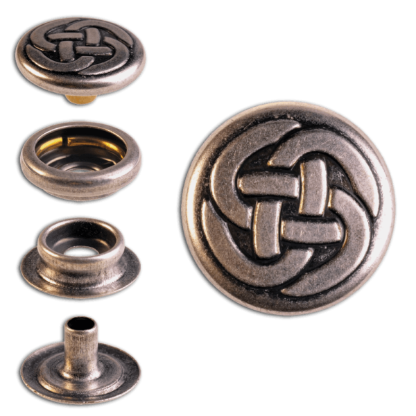 Ringfeder-Druckknöpfe “F3” 15.2mm Keltischer Knoten 1 aus Messing (nickel frei), Finish: silber-antik