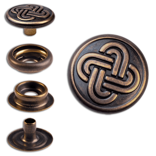 Ringfeder-Druckknöpfe “F3” 15.2mm Keltischer Knoten 2 aus Messing (nickel frei), Finish: messing-antik