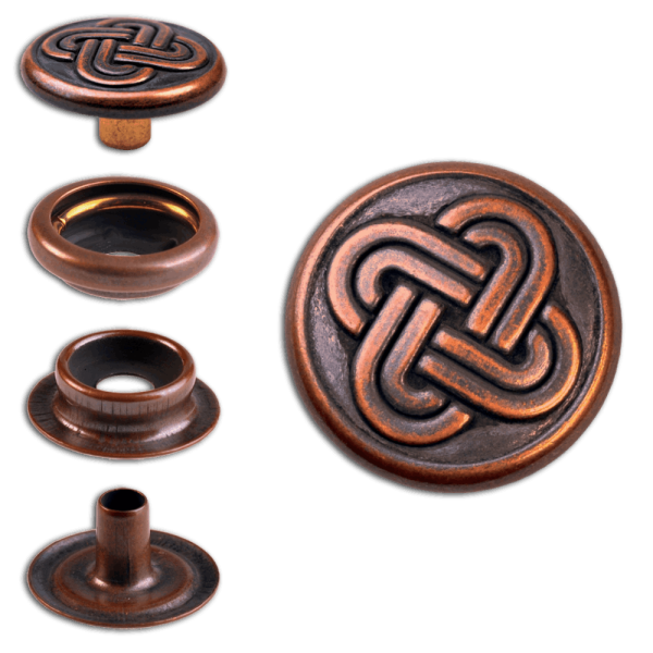 Brass (nickel free) Ring-Spring Snap Fastener Button ‘F3’ 15.2mm Celtic Knot 2, Rapid Rivet Button, Finish: Copper-Antique