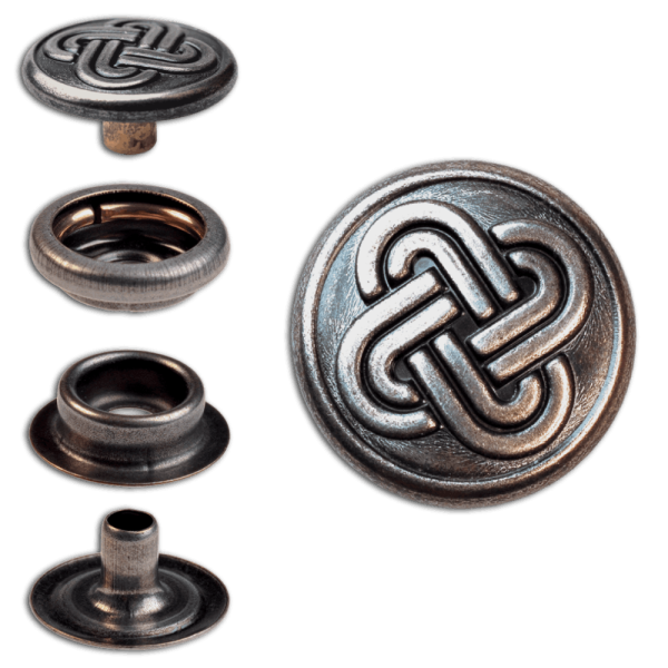 Ringfeder-Druckknöpfe “F3” 15.2mm Keltischer Knoten 2 aus Messing (nickel frei), Finish: nickel-antik