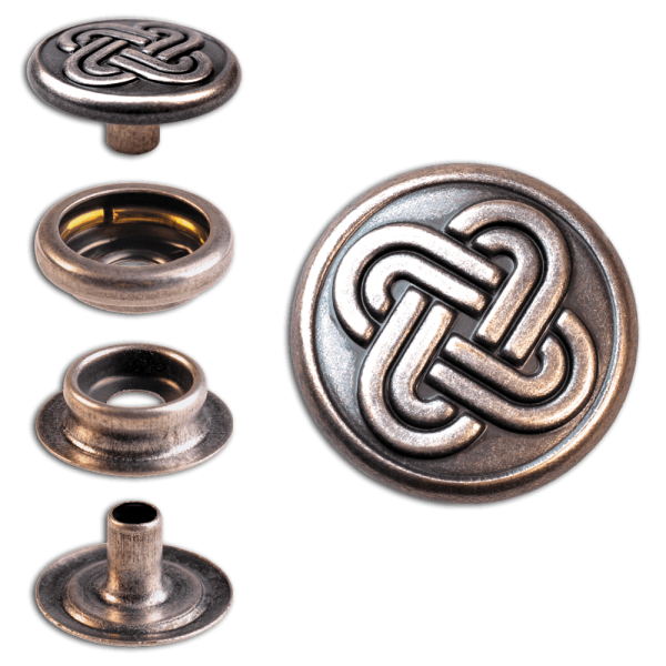 Ringfeder-Druckknöpfe “F3” 15.2mm Keltischer Knoten 2 aus Messing (nickel frei), Finish: silber-antik
