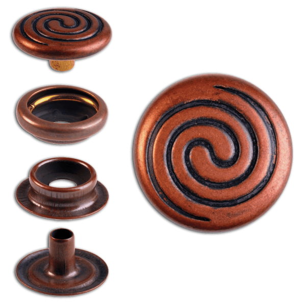 Brass (nickel free) Ring-Spring Snap Fastener Button ‘F3’ 15.2mm Celtic Spiral, Rapid Rivet Button, Finish: Copper-Antique