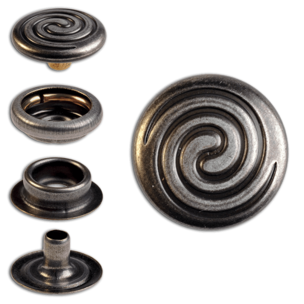 Ringfeder-Druckknöpfe “F3” 15.2mm Keltische Spirale aus Messing (nickel frei), Finish: nickel-antik