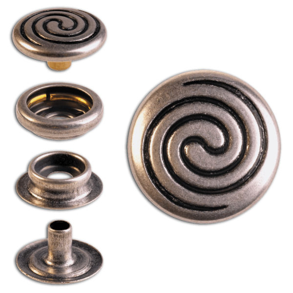 Ringfeder-Druckknöpfe “F3” 15.2mm Keltische Spirale aus Messing (nickel frei), Finish: silber-antik