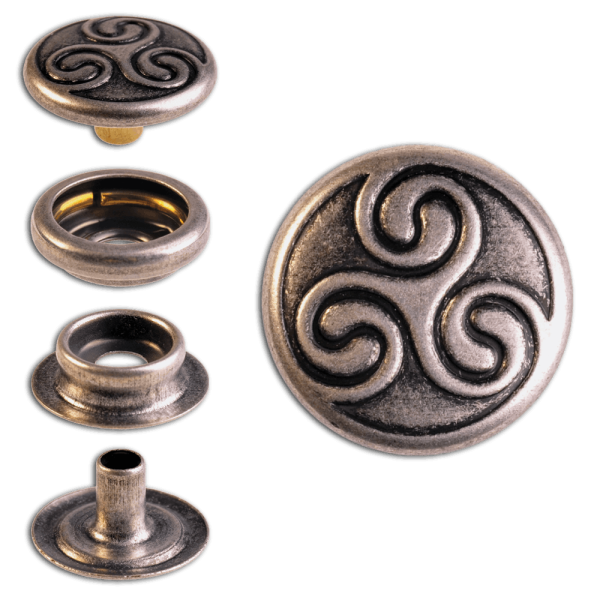 Ringfeder-Druckknöpfe “F3” 15.2mm Keltische Triskele aus Messing (nickel frei), Finish: silber-antik