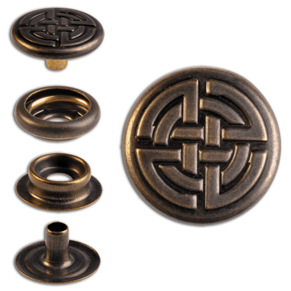 Ringfeder-Druckknöpfe “F3” 17mm Keltischer Knoten aus Messing (nickel frei), Finish: messing-antik