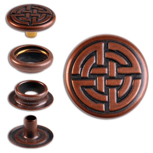 Ringfeder-Druckknöpfe “F3” 17mm Keltischer Knoten aus Messing (nickel frei), Finish: kupfer-antik