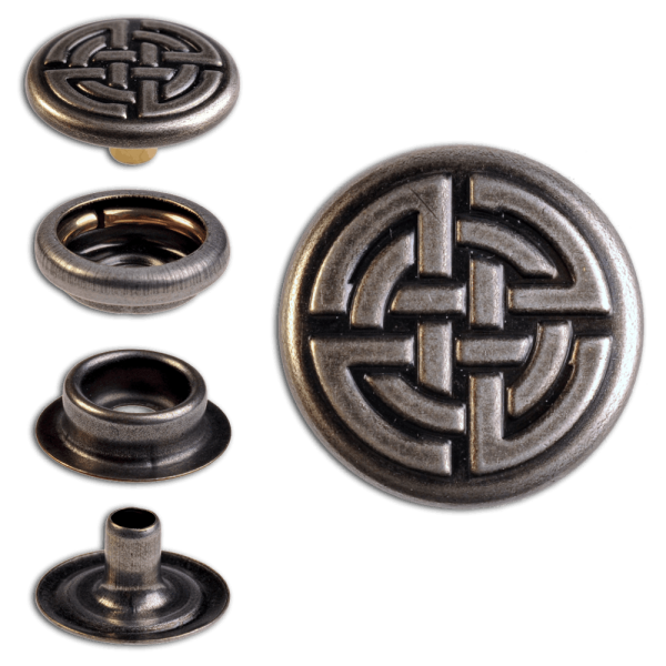 Ringfeder-Druckknöpfe “F3” 17mm Keltischer Knoten aus Messing (nickel frei), Finish: nickel-antik
