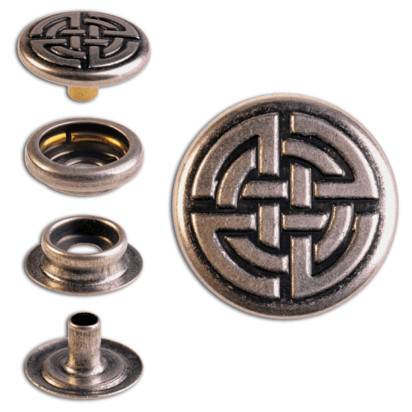Ringfeder-Druckknöpfe “F3” 17mm Keltischer Knoten aus Messing (nickel frei), Finish: silber-antik
