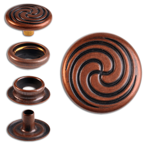 Ringfeder-Druckknöpfe “F3” 17mm Keltische Spirale aus Messing (nickel frei), Finish: kupfer-antik