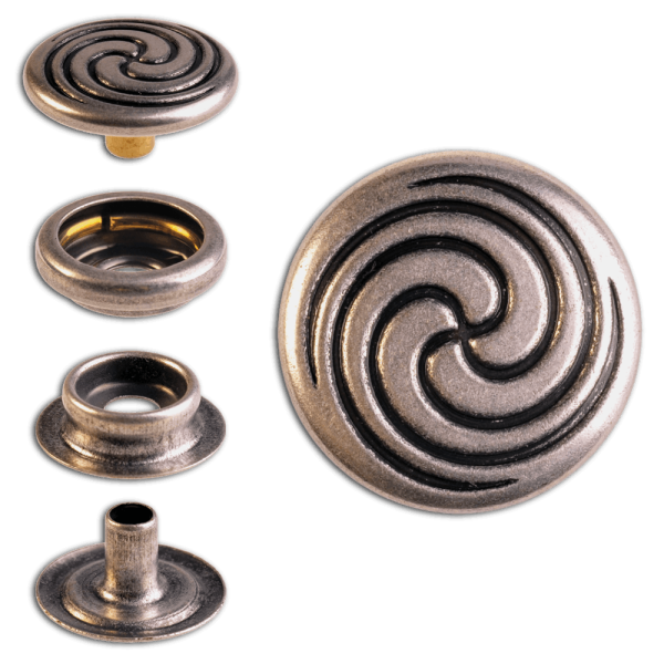 Ringfeder-Druckknöpfe “F3” 17mm Keltische Spirale aus Messing (nickel frei), Finish: silber-antik