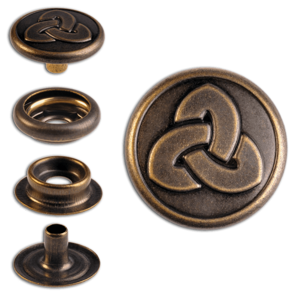 Ringfeder-Druckknöpfe “F3” 17mm Keltische Trinity aus Messing (nickel frei), Finish: messing-antik