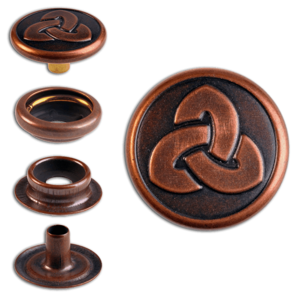 Ringfeder-Druckknöpfe “F3” 17mm Keltische Trinity aus Messing (nickel frei), Finish: kupfer-antik