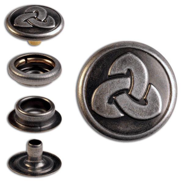 Ringfeder-Druckknöpfe “F3” 17mm Keltische Trinity aus Messing (nickel frei), Finish: nickel-antik
